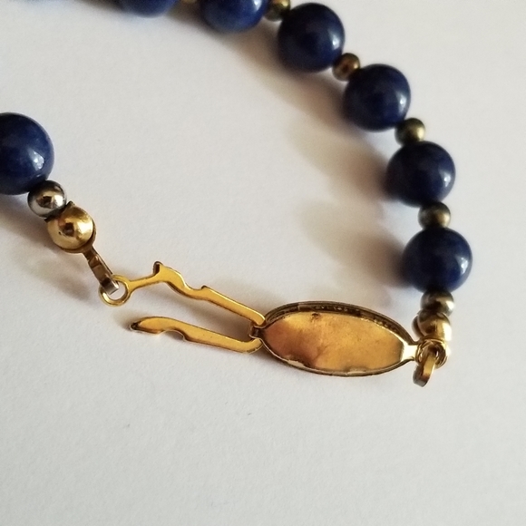 Vintage blue stone bead necklace gold tone Lapis Lazuli? Elegant boho - Picture 15 of 16